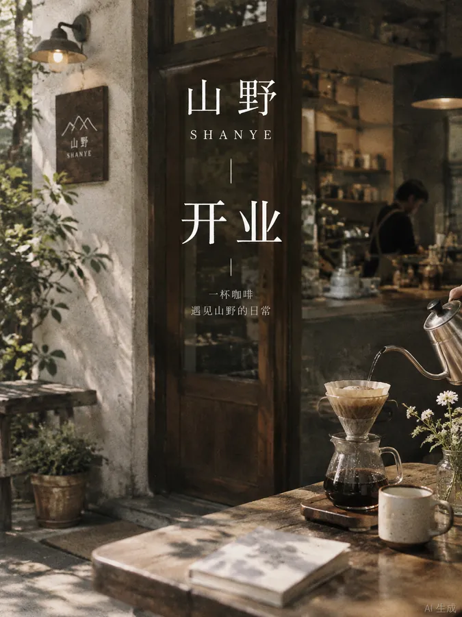 山野咖啡开业海报，实景摄影风格