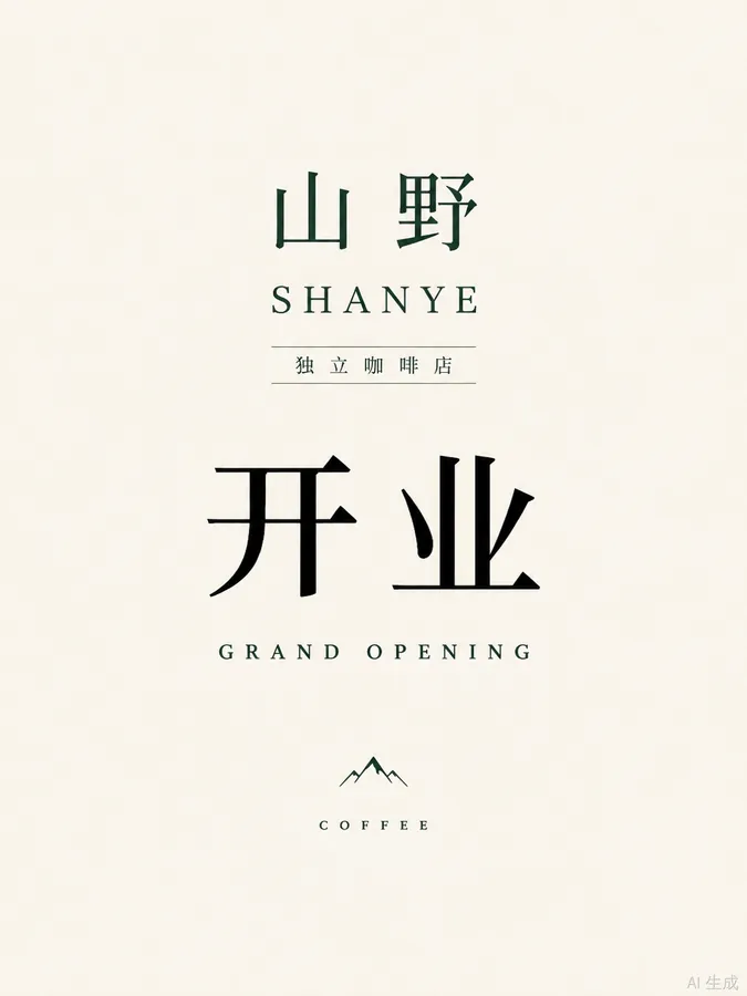 山野咖啡开业海报，极简留白风格